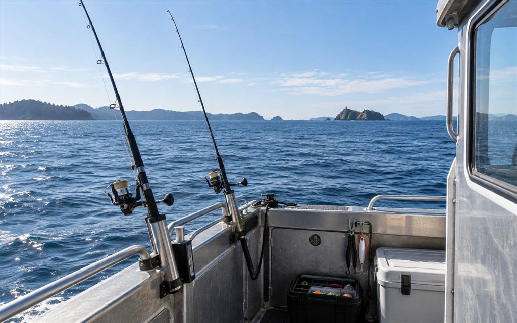 Fishing rods and tackle ready on an aluminium boat at sea