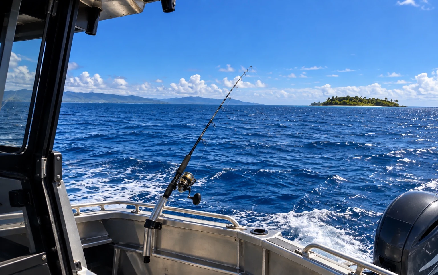 A relaxed angler looking out across the blue sea from an aluminium boat