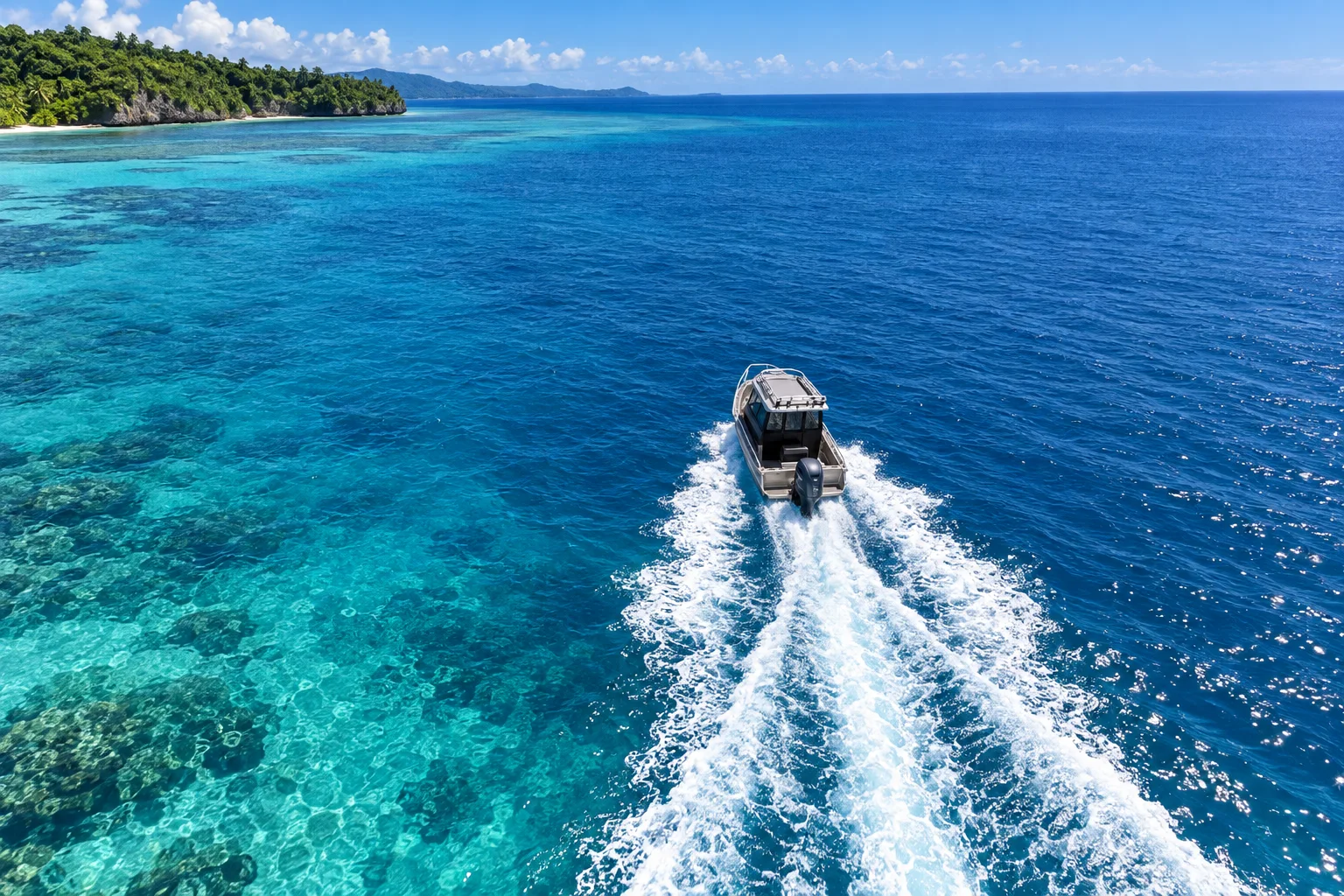 An aerial impression of a silver cabin boat heading out across blue South Pacific water