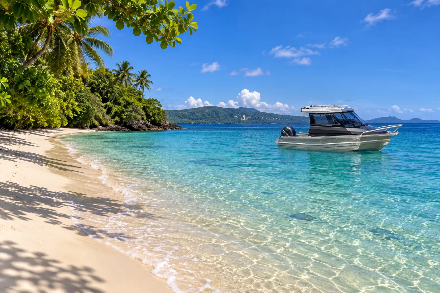 A silver cabin boat beside a quiet island beach and clear turquoise water